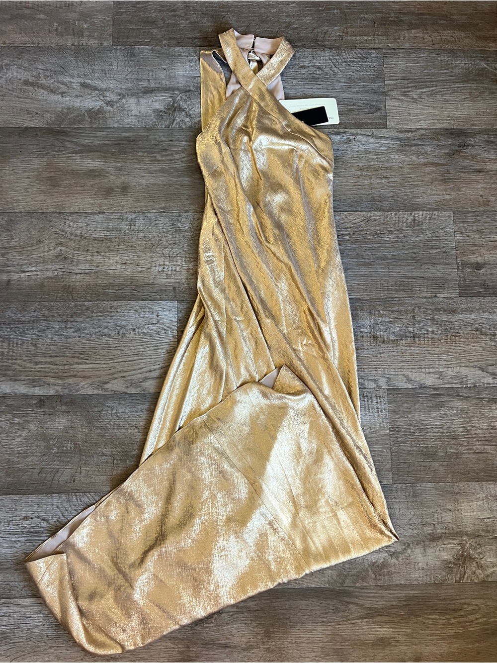 Adrianna Papell Foiled Mermaid Gown With Halter Neckline In Light Gold - Picture 5 of 8